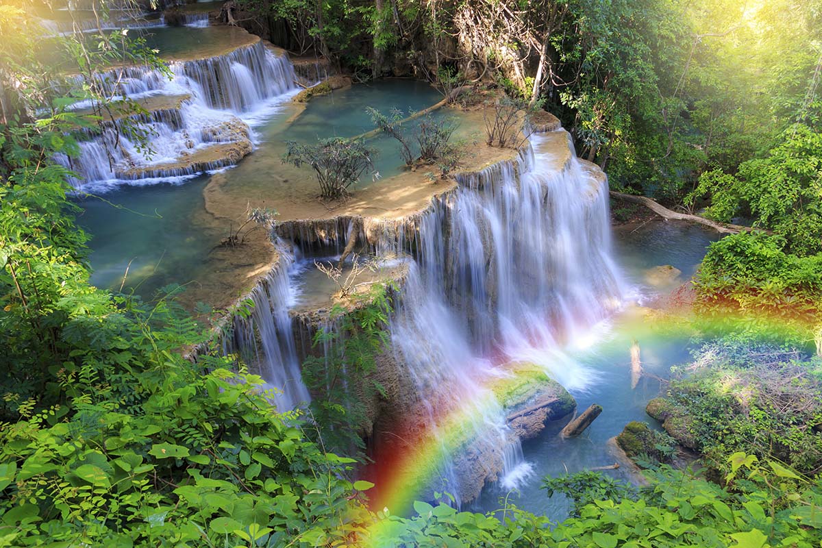 A rainbow over a waterfall