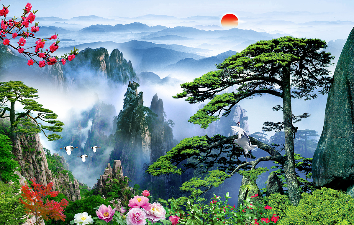 A landscape with mountains and flowers
