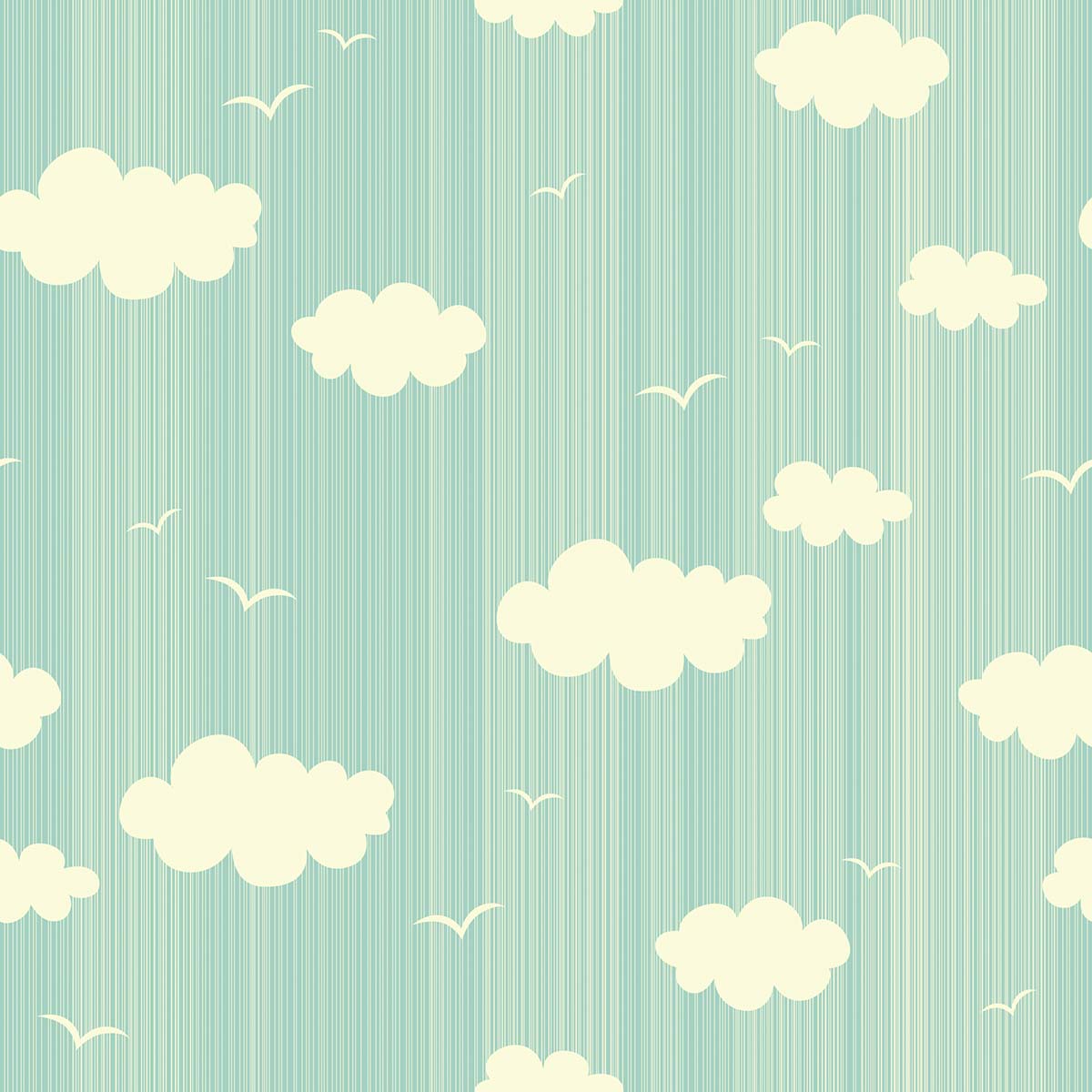 A blue and white striped background with white clouds and birds