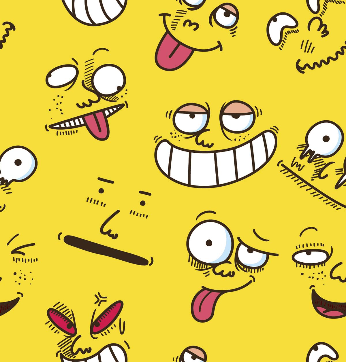 A yellow background with different faces