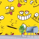 A yellow background with different faces