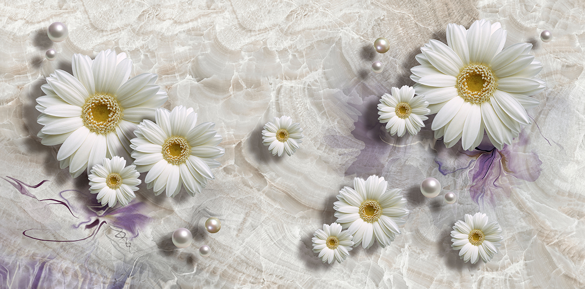 A white flowers and pearls on a marble surface