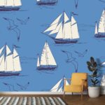 A pattern of sailboats and birds