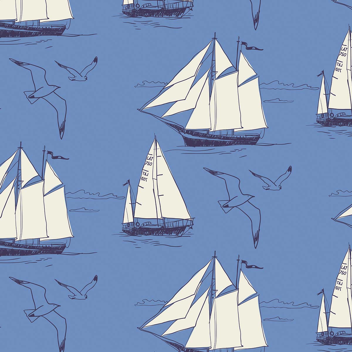 A pattern of sailboats and birds