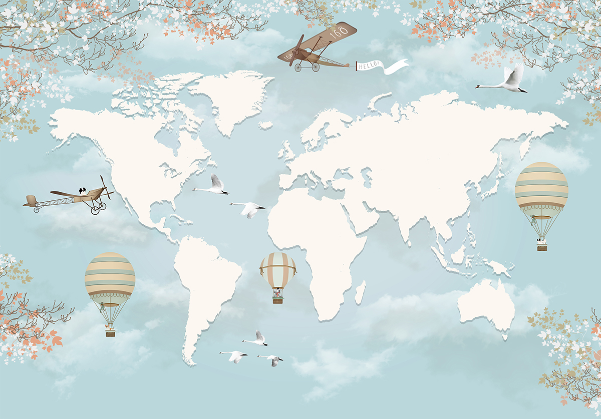 A map of the world with birds and hot air balloons