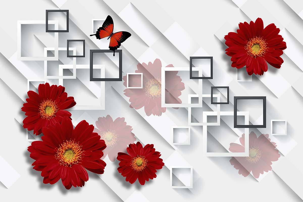A wallpaper with red flowers and black squares