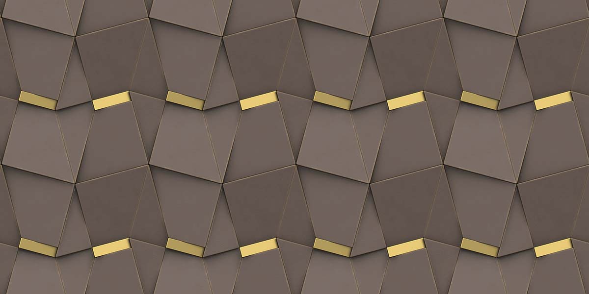 A wall with a pattern of brown and gold triangles
