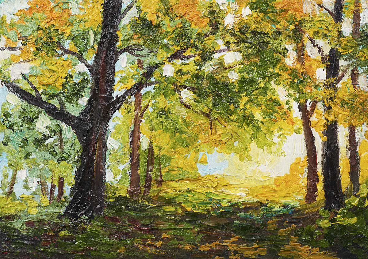 A painting of trees with yellow and green leaves