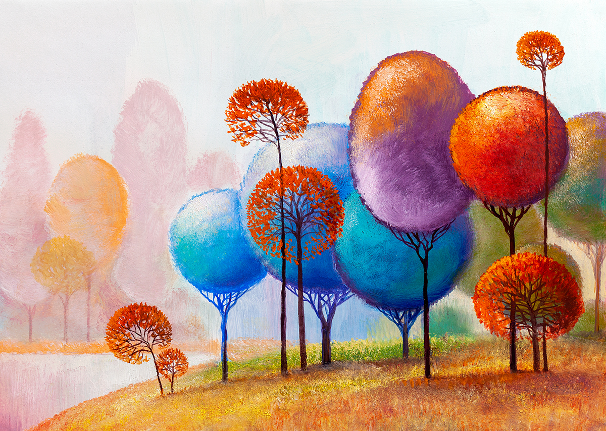 A painting of trees with orange and blue leaves