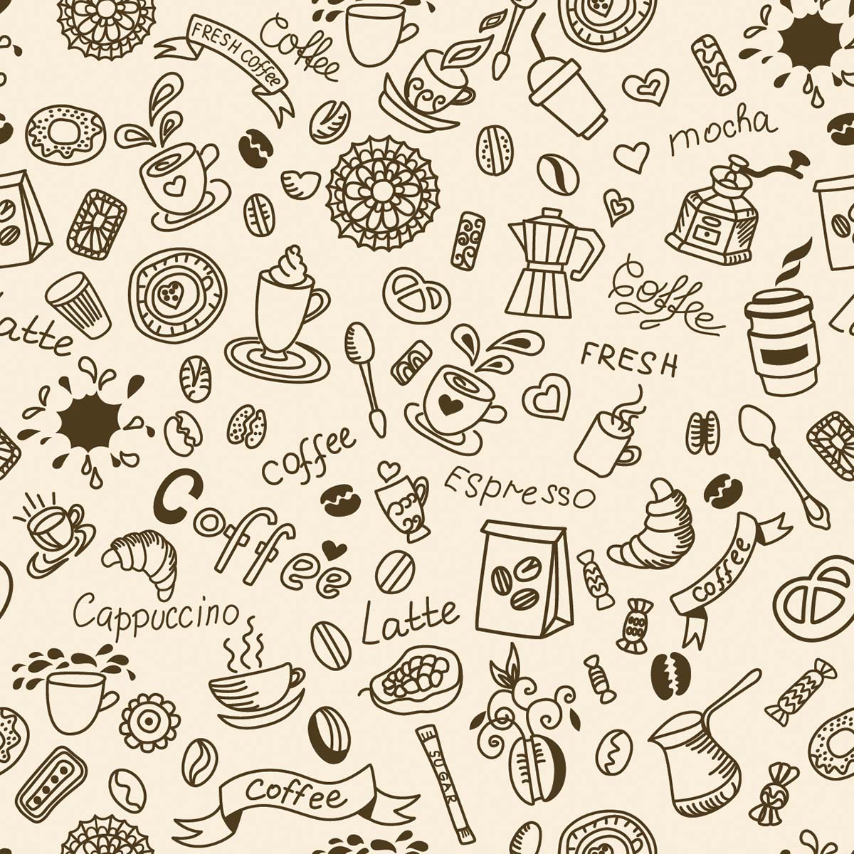 A pattern of coffee items