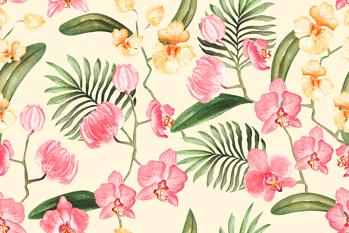 A pattern of pink flowers and leaves