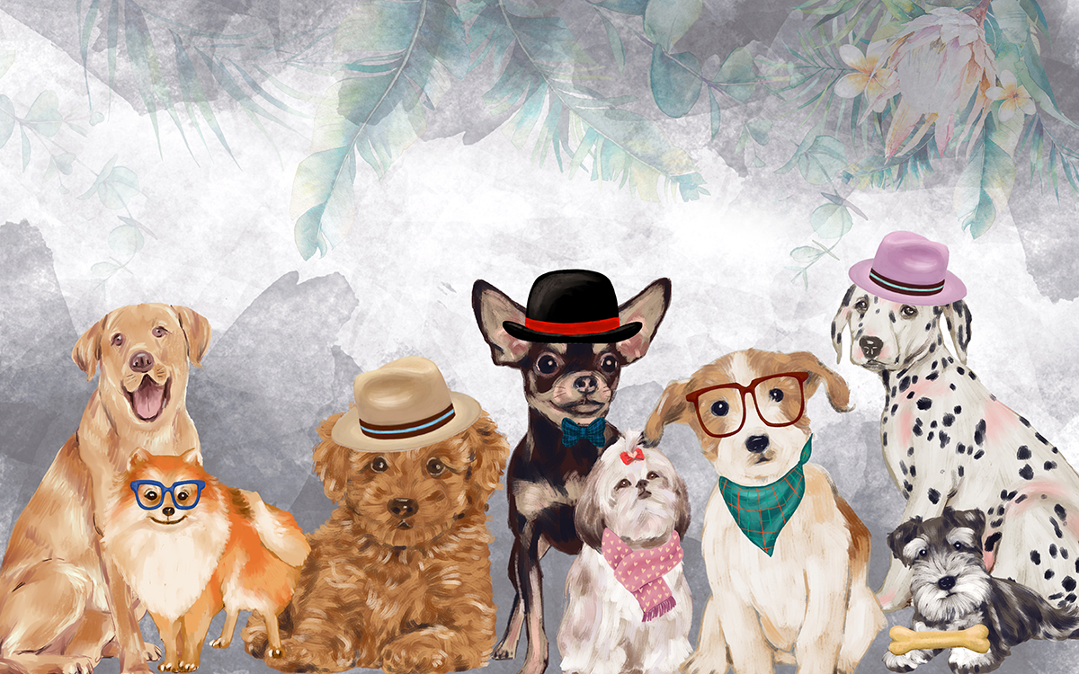 A group of dogs wearing hats and scarves