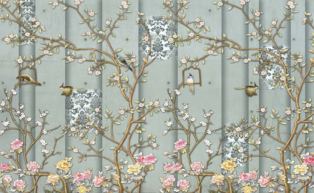 A wallpaper with birds and flowers