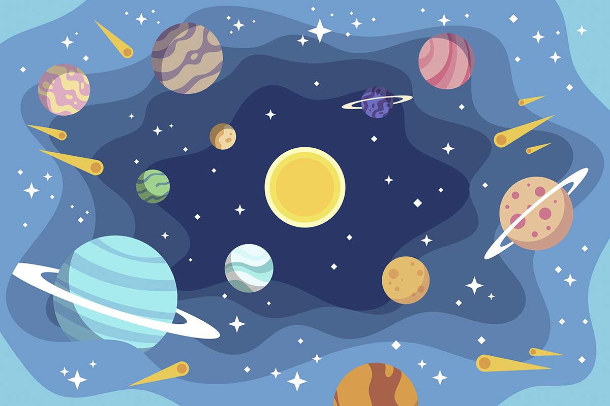 A cartoon of planets and stars