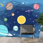 A cartoon of planets and stars