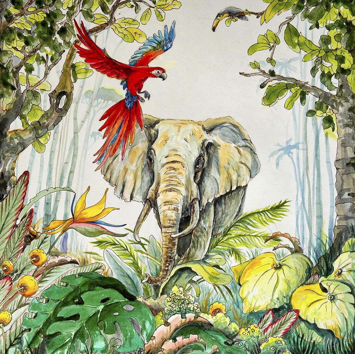 An elephant and parrot in the jungle