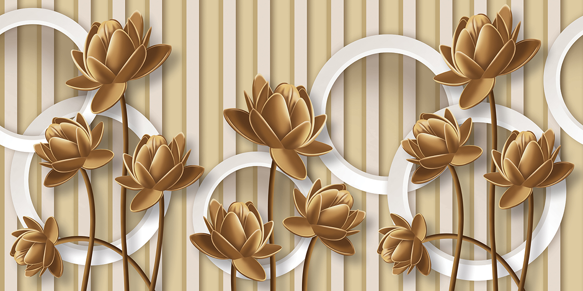 A wallpaper with gold flowers and circles