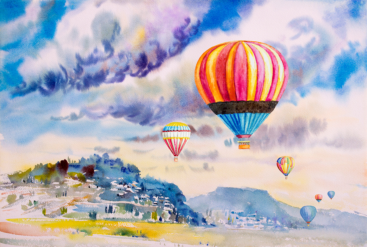 A watercolor painting of hot air balloons in the sky