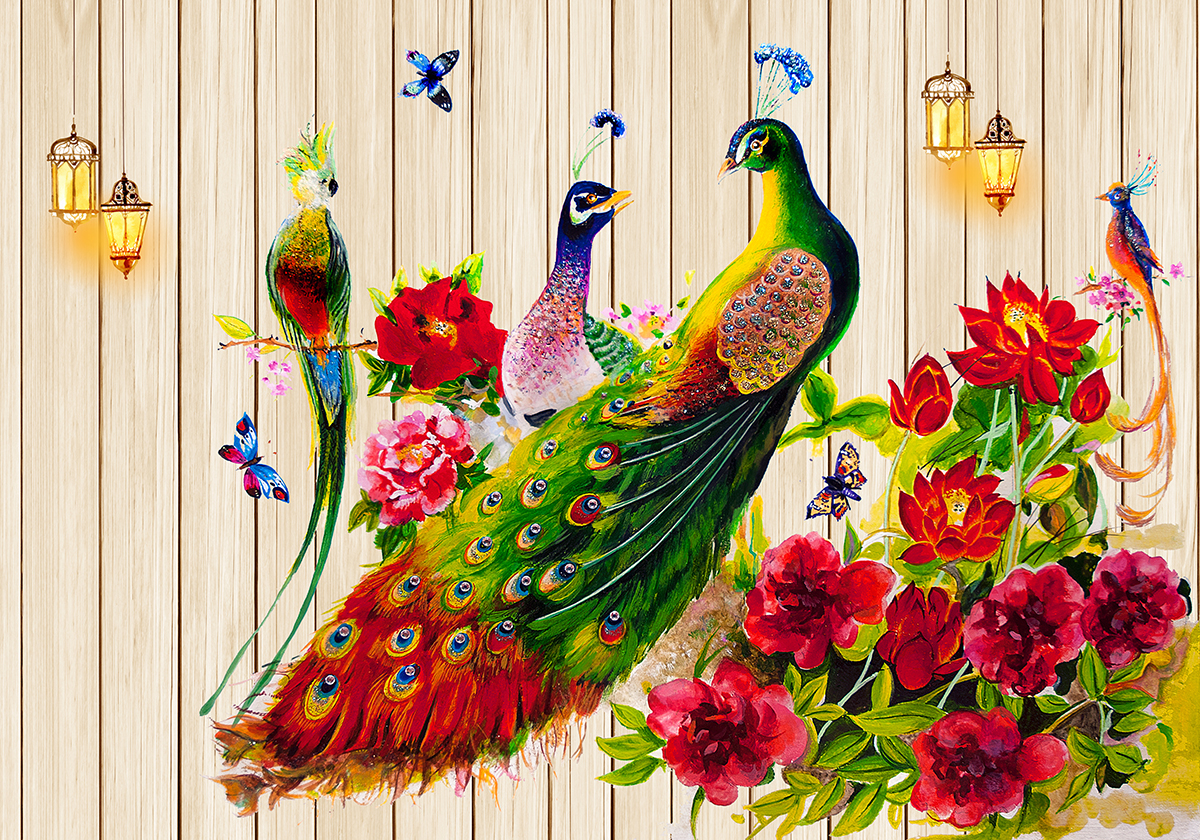 A painting of birds and flowers