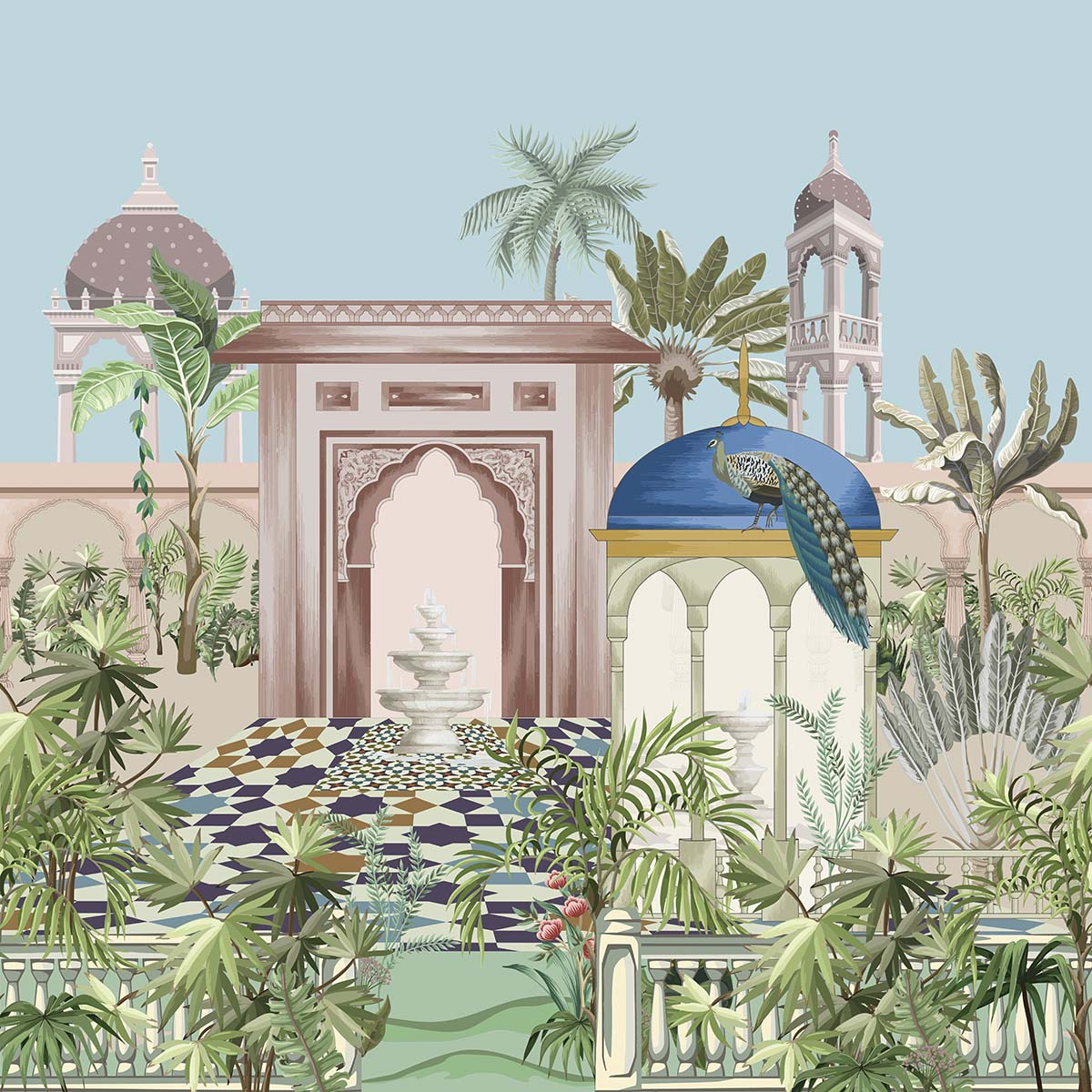 A painting of a garden with a fountain and palm trees