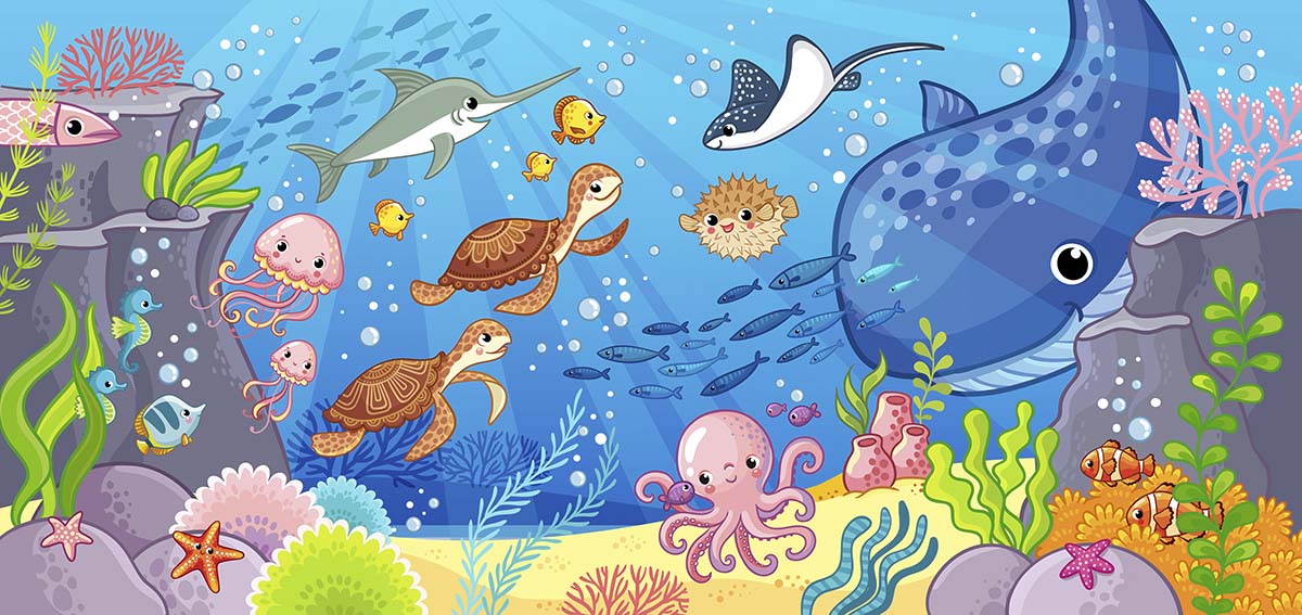 A cartoon of sea animals