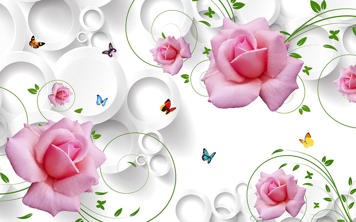 A wallpaper with pink roses and butterflies