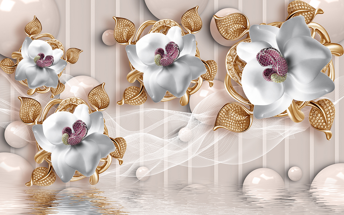 A wallpaper with flowers and pearls