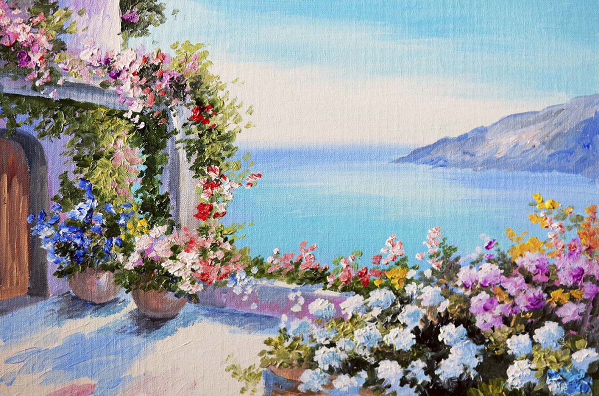 A painting of flowers on a balcony overlooking the ocean