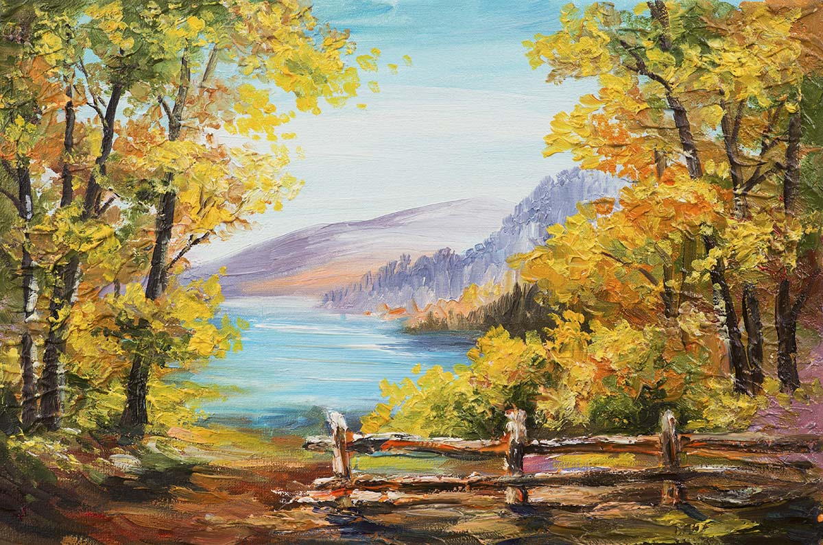A painting of a lake with trees and mountains