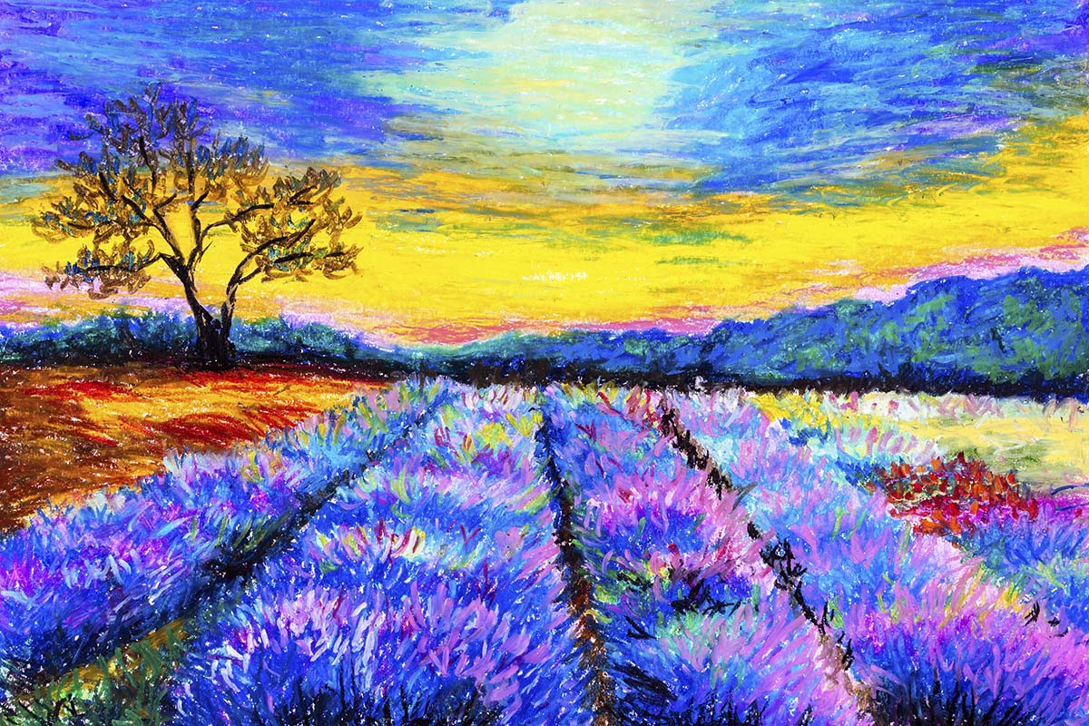 A painting of a field of lavender