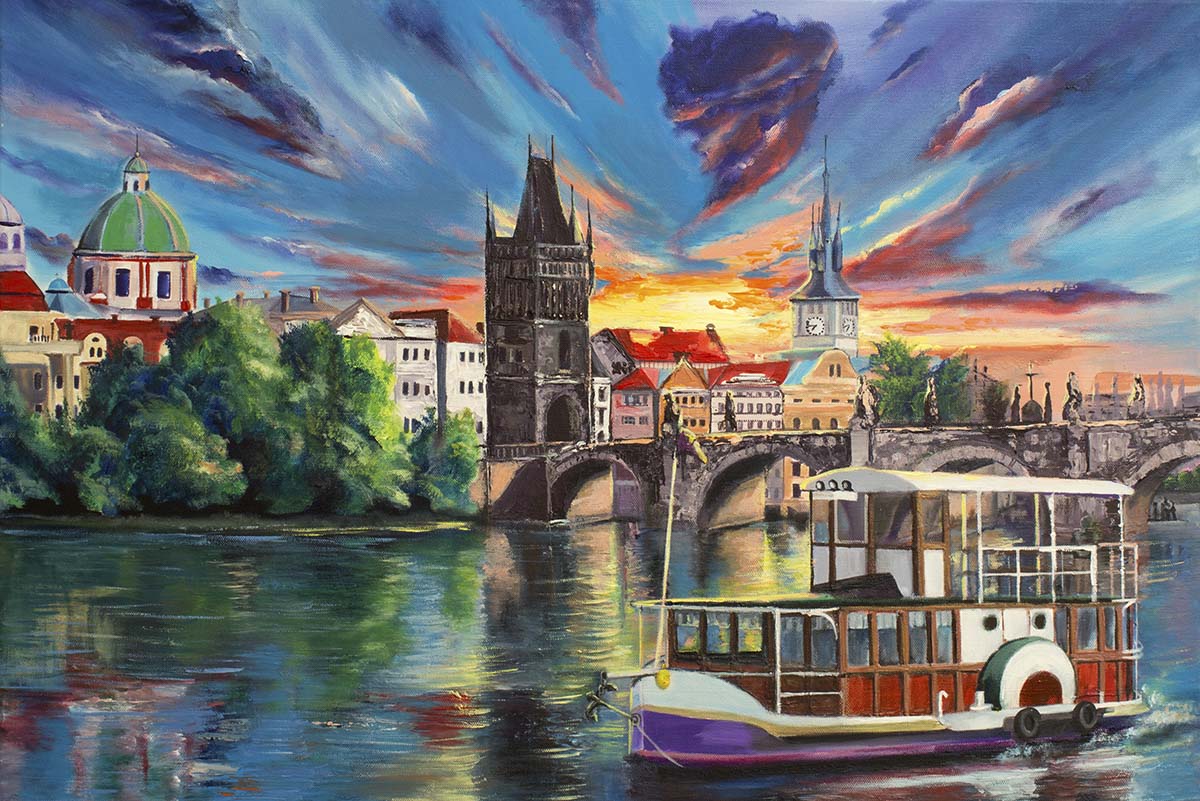 A painting of a city with a boat on the water