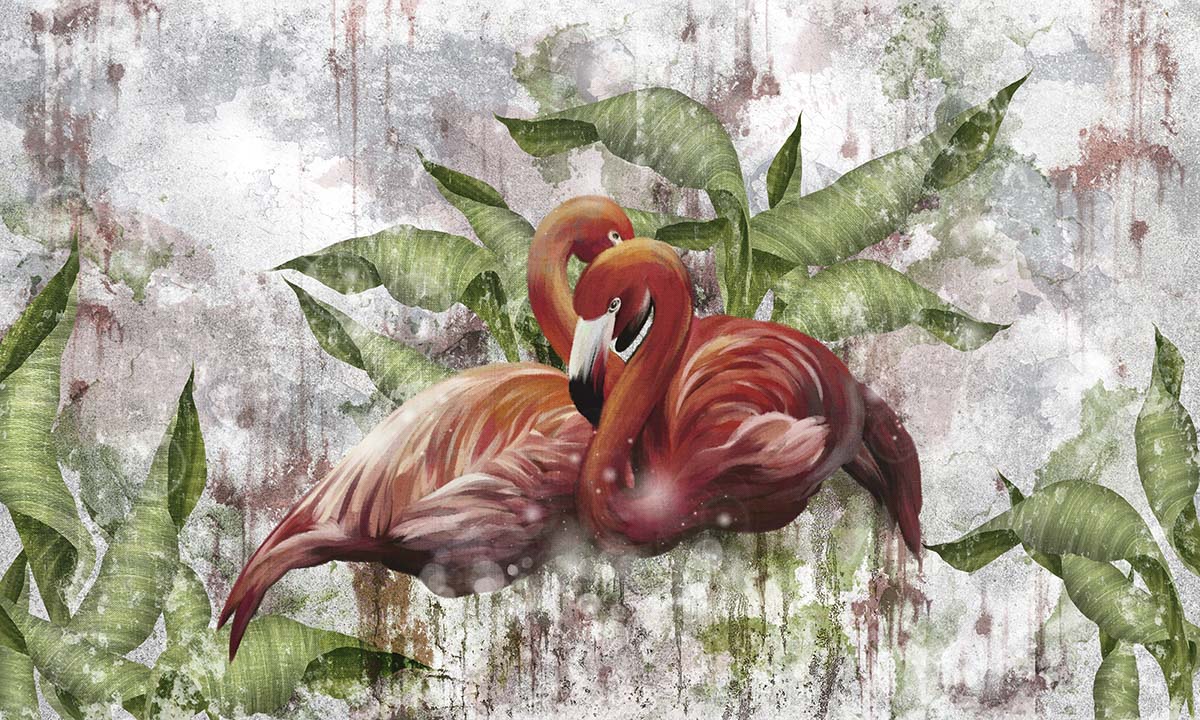 A painting of flamingos and leaves