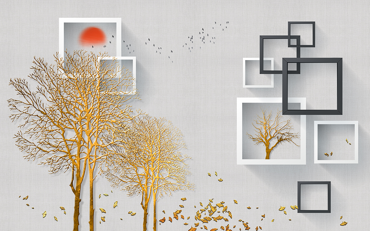 A wall mural of trees and squares