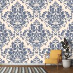 A wallpaper with blue and white floral designs