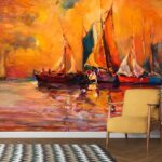 Colorful Boat on Water Painting Wallpaper for Wall