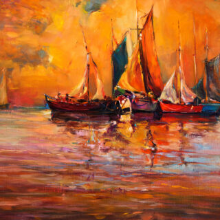 Colorful Boat on Water Painting Wallpaper for Wall