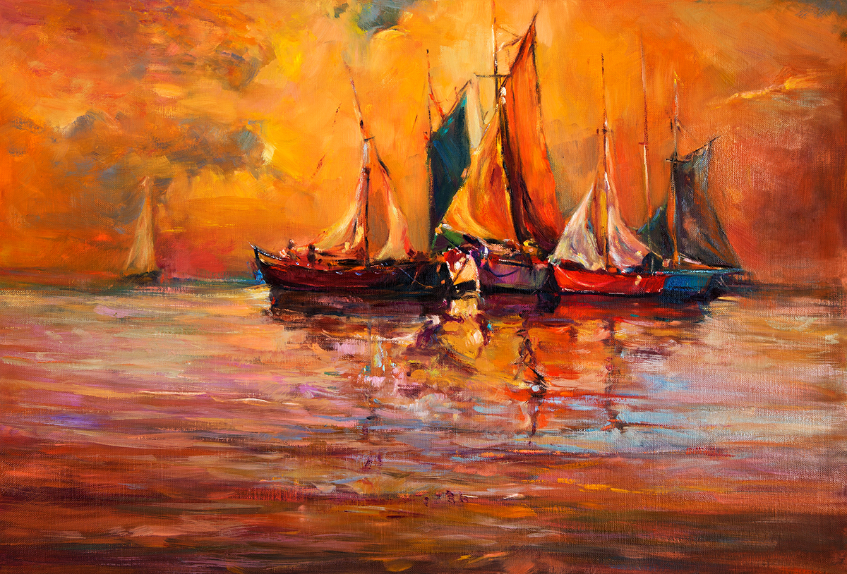 Colorful Boat on Water Painting Wallpaper for Wall