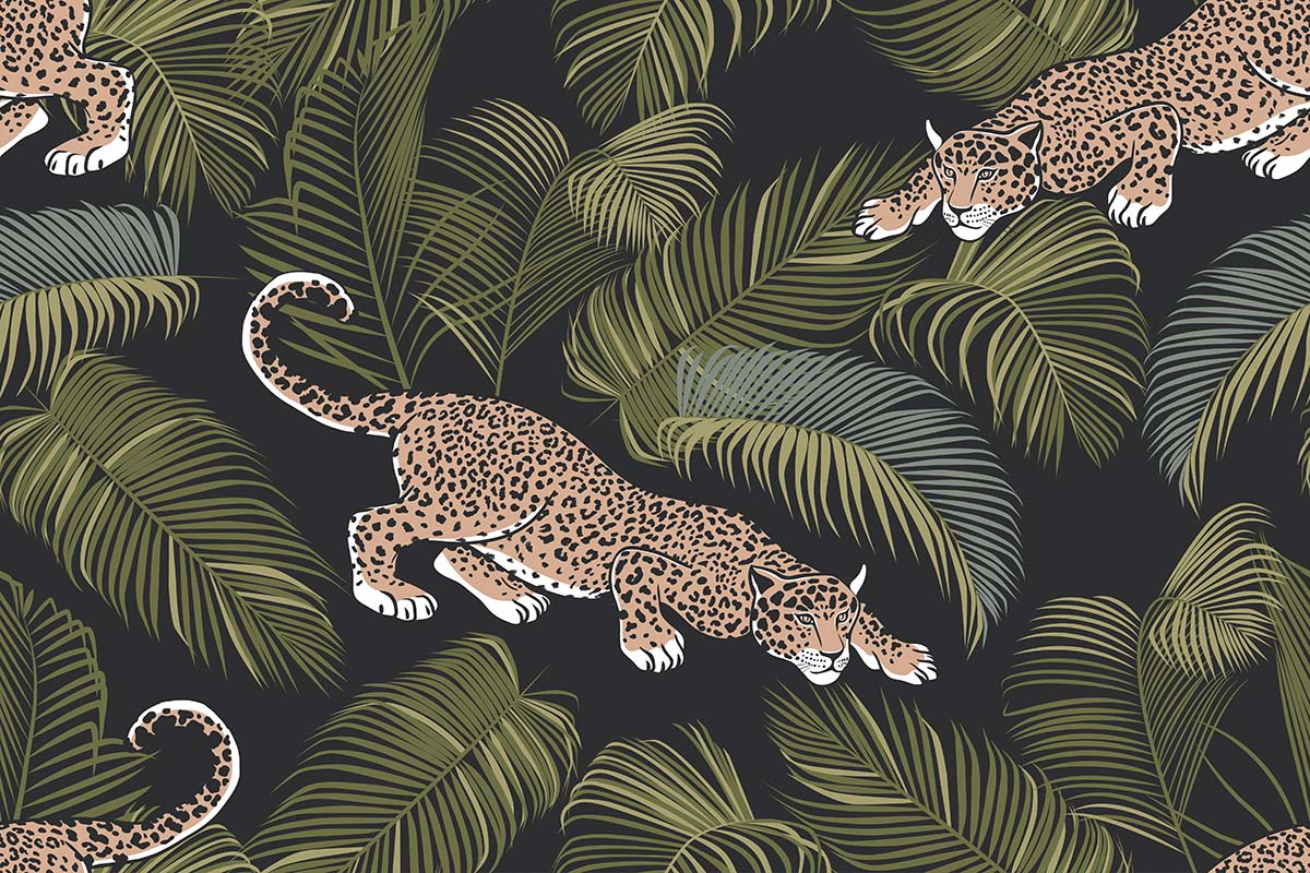 A leopards and palm leaves