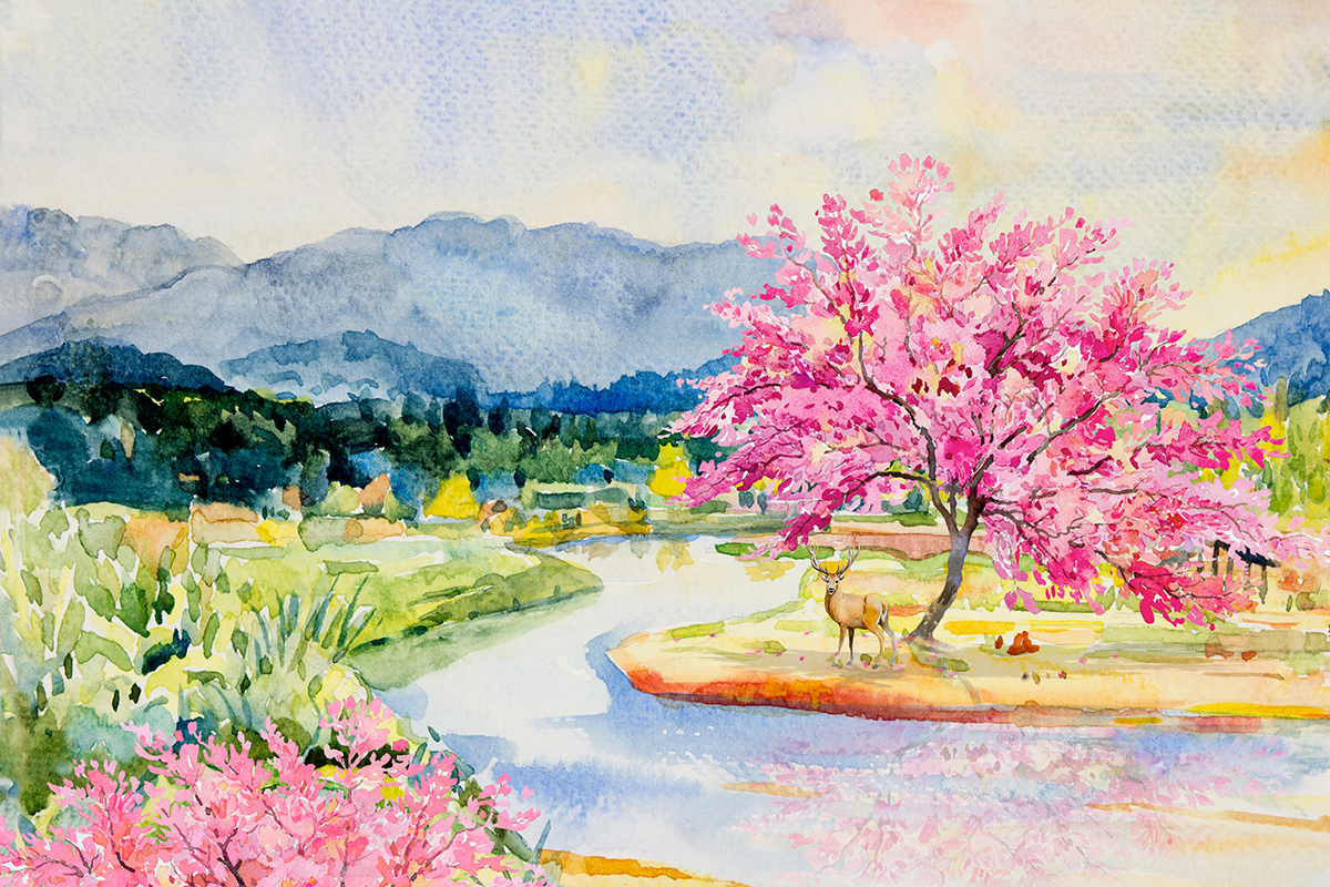 A watercolor of a river with a pink tree and a deer