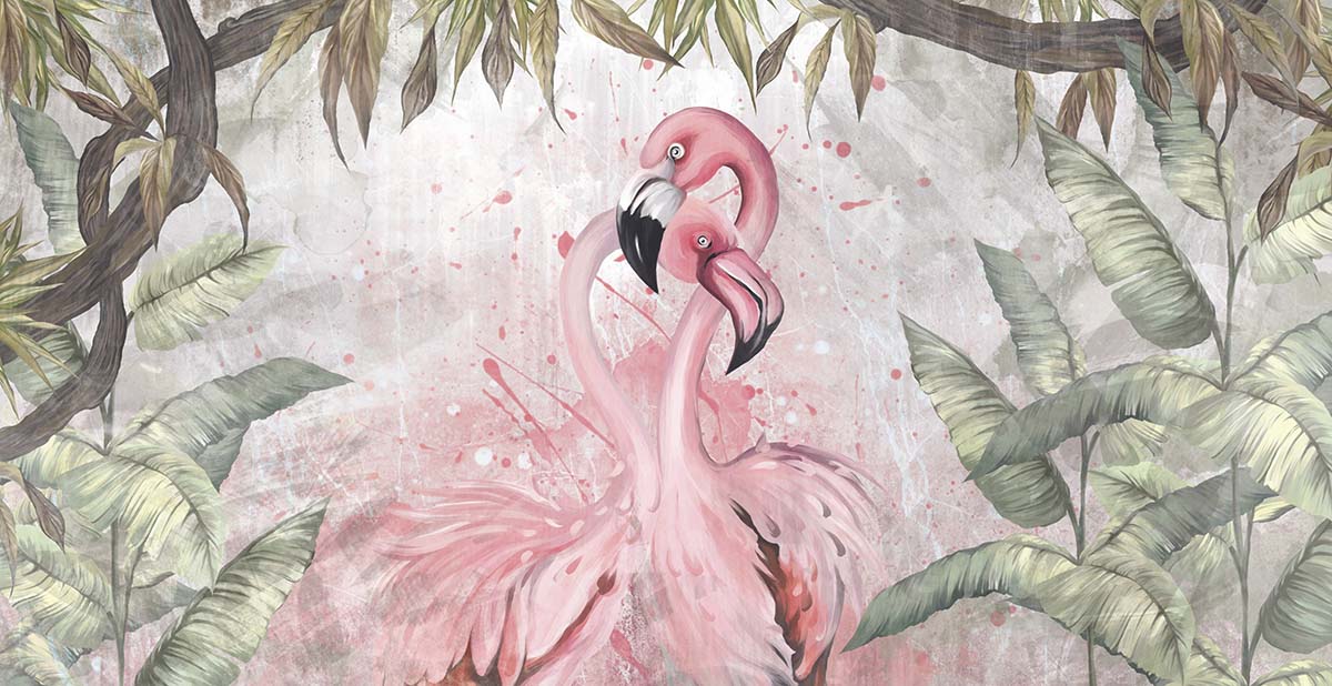A painting of flamingos and leaves