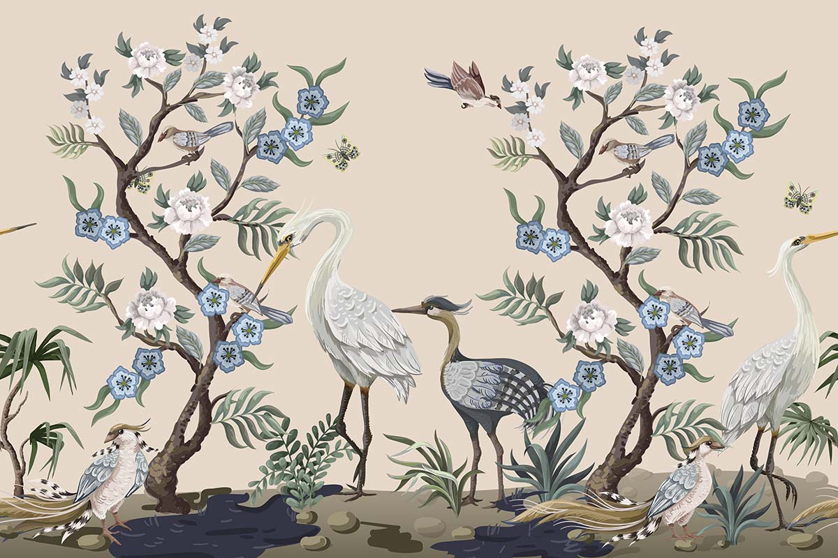 A wallpaper with birds and flowers