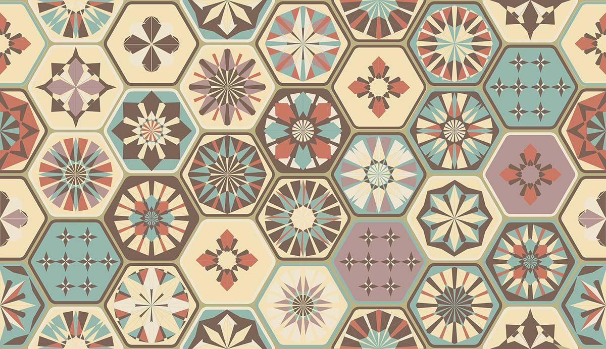 A pattern of hexagons with different designs