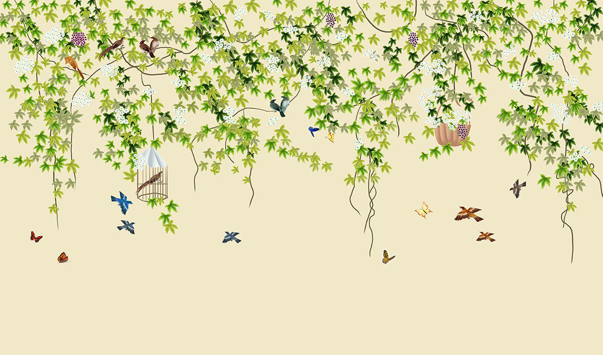 A wallpaper with birds and butterflies