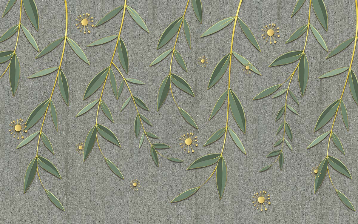 A green leaves and yellow dots on a gray surface