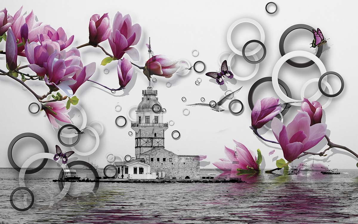 A pink flowers and a building with a tower and water