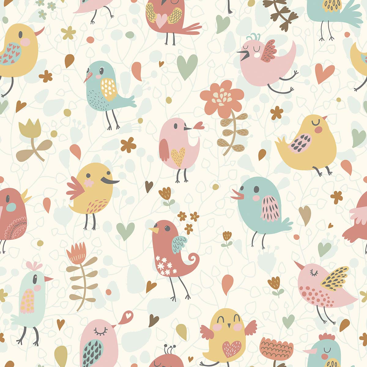 A pattern of colorful birds and flowers