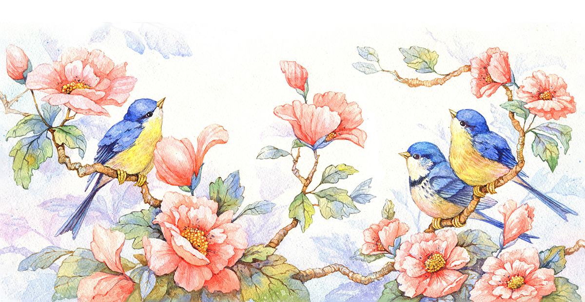Watercolor painting of birds on flowers