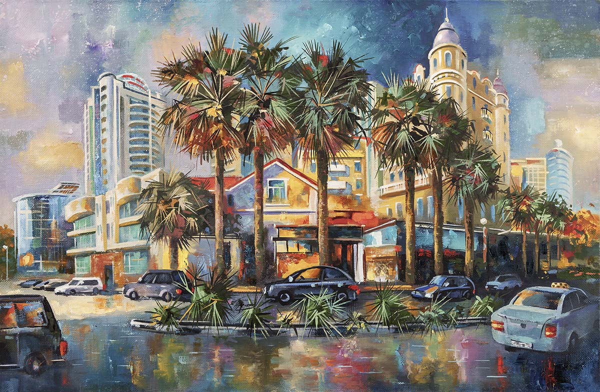 A painting of a city with palm trees and buildings