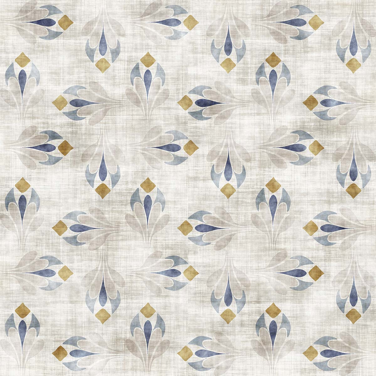 A pattern of blue and yellow flowers on a white background