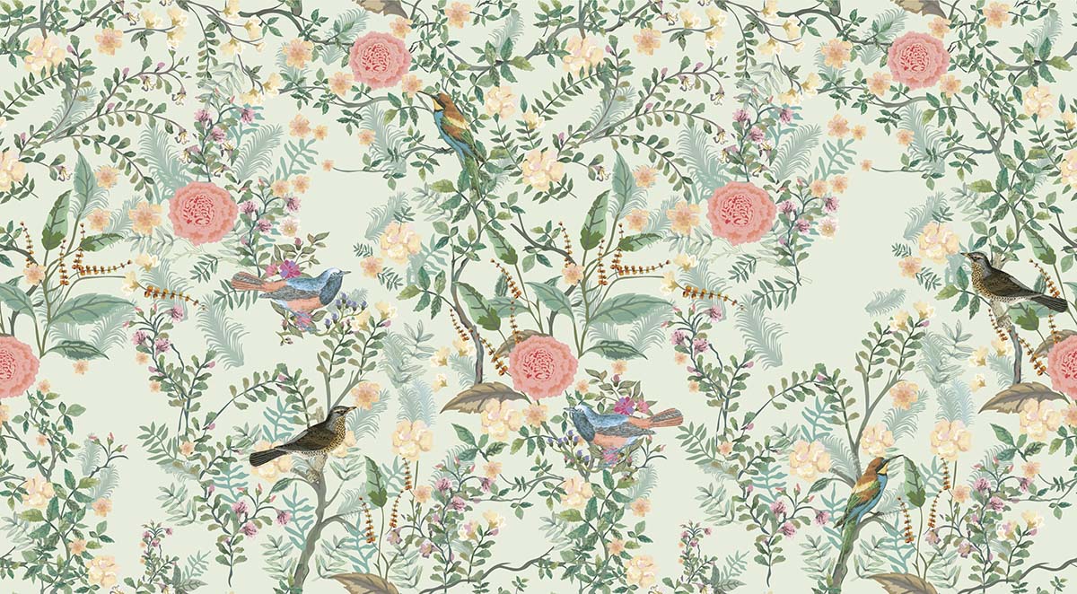 A wallpaper with birds and flowers